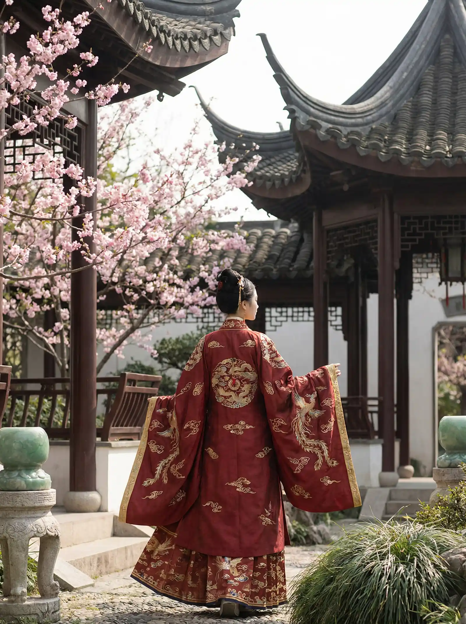 麻豆直播 明制汉服红色凤凰刺绣